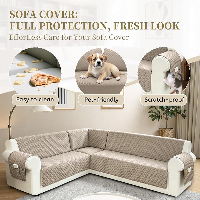 Sectional Couch Covers for Dogs 100% Waterproof Corner L Shaped Sofa Cover Pet Friendly Velvet Washable Anti Slip L Shape Modular Sofa Slipcover Protector with Pockets (Taupe, XL Plus) - Image 4