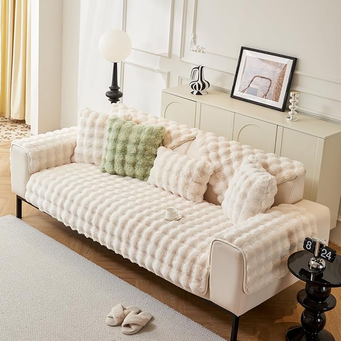 DREAMINGO Faux Fur Couch Seat Cover, Soft Plush Sofa Covers for Pet Washable, Non Slip Furniture Protector for Loveseat 2 Cushion Sofa, 35.4x63 Inch, Beige - Image 7