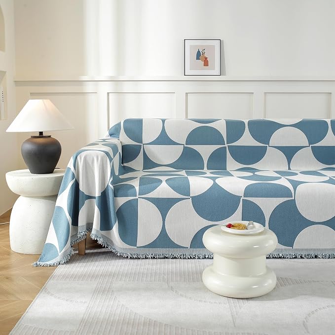 Couch Cover for Sofa, Boho Sofa Cover Washable Couch Cover for Dogs, Pet Sofa Cover for 2-Cushion Couches with Tassel Furniture Protector Cover,71" x 102",Blue-Half-Round-2 - Image 7