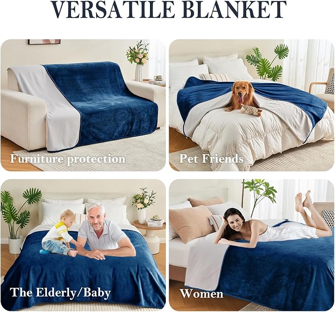 Waterproof Blanket 40"x60" for Adults, Reversible Waterproof Bed Cover for Dogs Cats Pets, Soft Leakproof Blanket for Bed Couch Sofa Furniture Protector, Navy Blue/Light Grey - Image 4