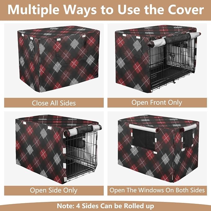 Dog Crate Cover Kennel Cover for Dog Cages Breathable for Wire Cage Indoor Outdoor Dark Red Black Argyle - Image 5