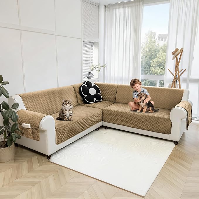 Sectional Couch Covers for Dogs 100% Waterproof Corner L Shaped Sofa Cover Pet Friendly Velvet Washable Anti Slip L Shape Modular Sofa Slipcover Protector with Pockets (Light Brown, Small) - Image 9