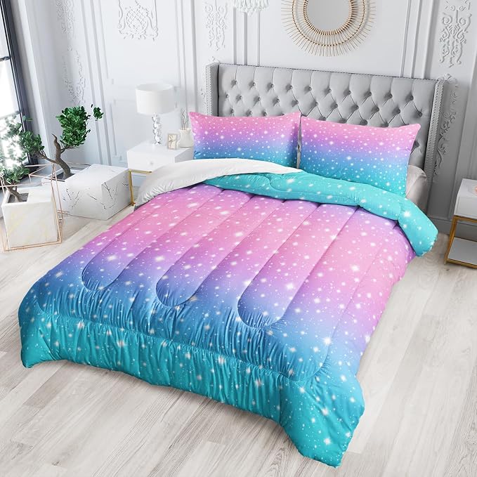Nttopship Colorful Rainbow Comforter Set - Full Size for Girls, Pink Blue Gradient Comforter and 2 Pillowcases - Image 2