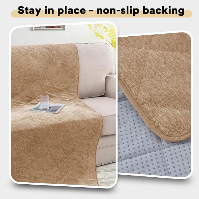 Couch Covers for Dogs Chenille Sofa Covers for 3 Cushion Washable Quilted Checkered Fuzzy Pet Couch Cover Soft Couch Protector Non-Slip Sofa Pads for Puppy Cat Kids(34.5" x 70", Khaki) - Image 6