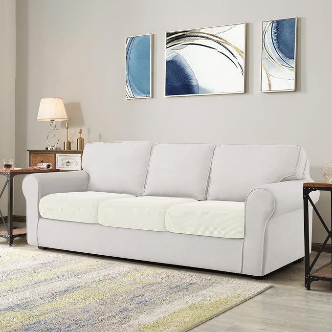 CHUN YI 3Piece Stretch Couch Cushion Covers, Sofa Seat Slipcovers for Pets, Suitable for Armchair Loveseat Sofa with Spandex Jacquard Washable Fabric(3Piece, Ivory White/Cream) - Image 2