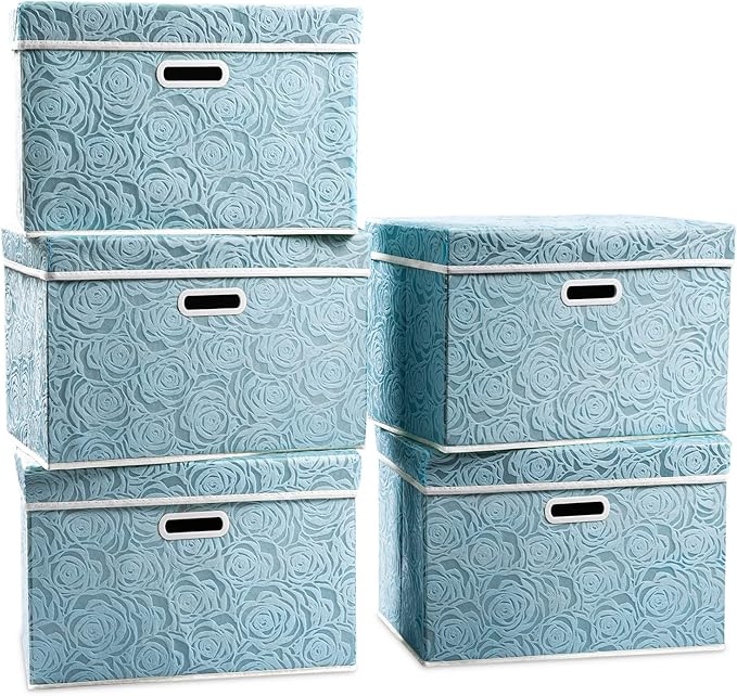PRANDOM Stackable Storage Cubes with Lids [5-Pack] Fabric Decorative Storage Box Bins Organizer Containers Baskets with Cover Handles Divider for Bedroom Closet Living Room Blue 14.9x9.8x9.8 Inch by Prandom