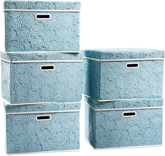 PRANDOM Stackable Storage Cubes with Lids [5-Pack] Fabric Decorative Storage Box Bins Organizer Containers Baskets with Cover Handles Divider for Bedroom Closet Living Room Blue 14.9x9.8x9.8 Inch by Prandom