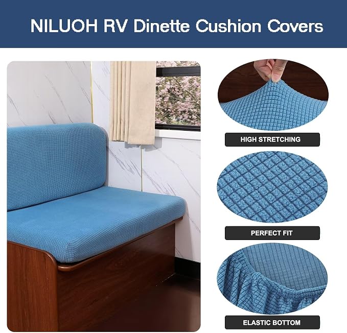 NILUOH RV Dinette Cushion Covers,Jacquard Camper Cushion Slipcovers Replacement Sofa Cushions Washable Loveseat Slipcovers for Travel Trailer Couch (2 Bench Cover & 2 Backrest Cover, Blue) - Image 2