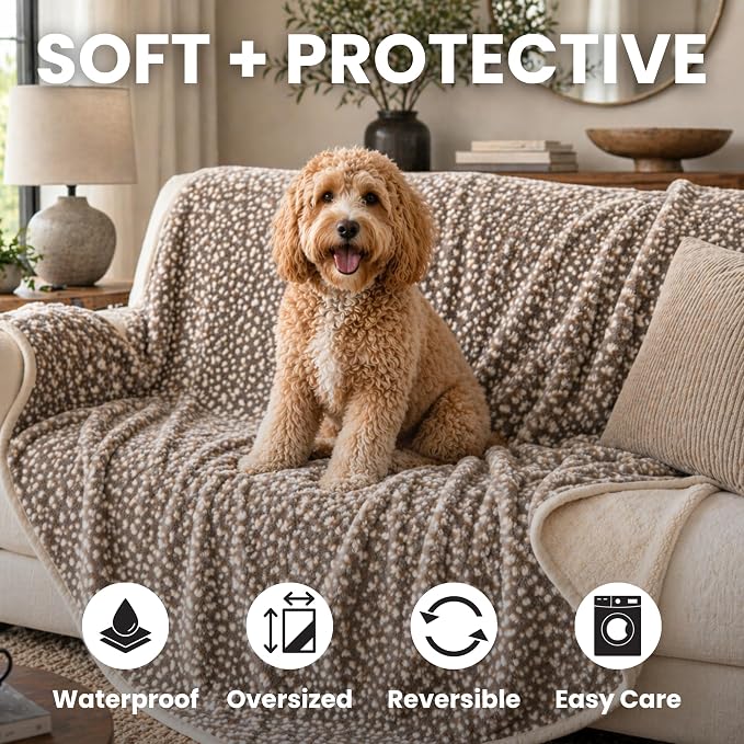 Waterproof Dog Blanket for Cats & Dogs, Washable Couch Cover, Reversible Furniture Protector Blanket, Large Soft Sherpa Fleece, Couch Protector, Pet Throw Blankets, 60" x 70" - Image 2