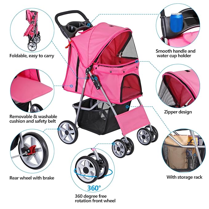 Pet Stroller 4 Wheels Dog Cat Stroller for Small Medium Dog Cats Carrier Jogger Travel Foldable Puppy with Storage Basket and Cup Holder (Pink)