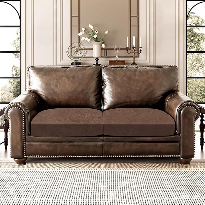 ANARACHON Leather Look Couch Cushion Covers Sofa Seat Slipcovers Sets Couches Furniture Protector for Sectional Armchair Loveseat Pets Kids Stretch Spandex Fabric (2 Cushion Loveseat, Brown) - Image 2