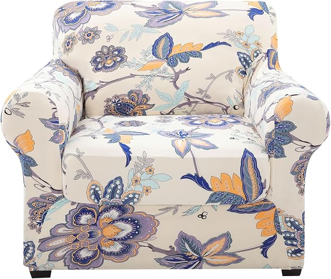 hyha Stretch Couch Covers, Chair/Sofa Covers, Armchair Slipcover for Dogs | Floral Pattern, Printed, 2 Pieces, Separate Couch Cushion Slipcover, Soft Chair Cover with Elastic Bottom for Pets (Armchair) by hyha