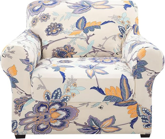 hyha Stretch Couch Covers, Chair/Sofa Covers, Armchair Slipcover for Dogs | Floral Pattern, Printed, 2 Pieces, Separate Couch Cushion Slipcover, Soft Chair Cover with Elastic Bottom for Pets (Armchair) by hyha