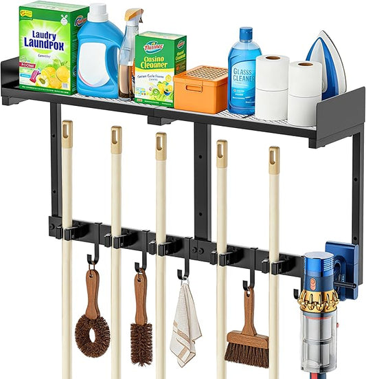 27" Mop and Broom Holder Wall Mount with Top Storage Shelf & Hooks,Black | Mop Hanger Wall Mount, 5 Grippers, 5 Hooks, Wall Organizer For Laundry Room, Garage And Kitchen by HUFAND