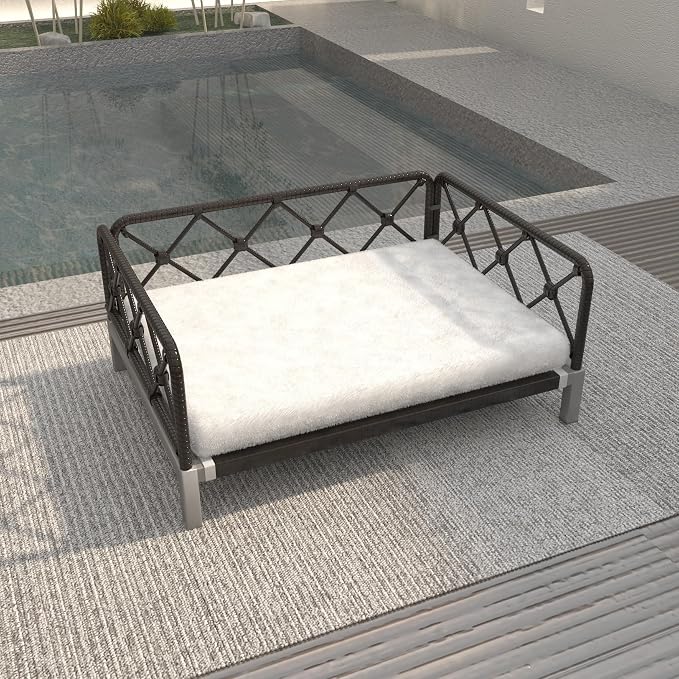 Elevated Waterproof Dog Beds with Egg Crate Foam Support, Outdoor Dog Sofa Bed PE Wicker Orthopedic Pet Bed with Washable Removable Cushion for Large, Medium, Small Dogs (White) - Image 2