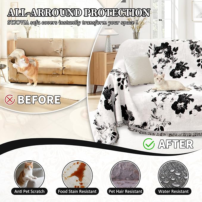1OO% Waterproof Sectional Couch Covers for Dogs L Shaped Corner Sofa Cover Washable Chenille Sofa Slipcovers Blanket Modern Jacquard Pet Furniture Protector (91"x252", Black Flower) - Image 5