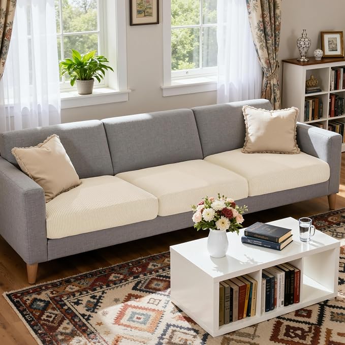 CHUN YI 3 Piece Couch Cushion Covers for XL-Sofa Seat Slipcovers Suitable with Spandex Jacquard Washable Fabric (3 Piece XL-Sofa Cushion Covers, Ivory) - Image 2