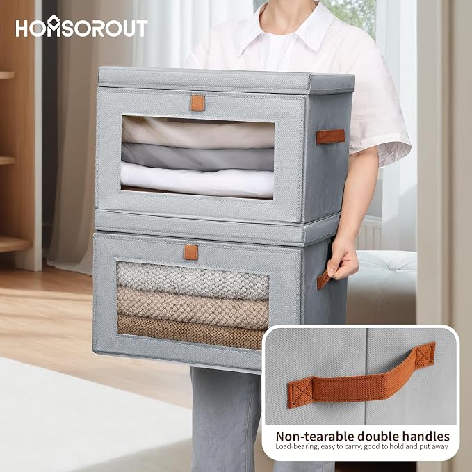 Homsorout Large Closet Storage Bins - Collapsible Storage Bins with Handles & Window, Fabric Cube Organizer with Lids, Decorative Boxes for Living Room, Closet, Dorm, 6 Pack, Grey - Image 3