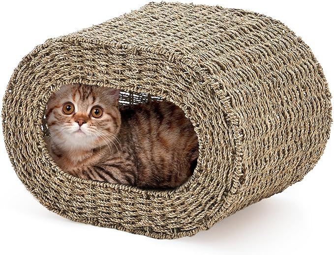Cat House,Handwoven Cat Cave Pet Cube, Natural Cat Beds Indoor Kitten House with Double-Sided Soft Cushions, Pet Cat House for Multiple Cats, for Living Room Bedroom by LGENHOOMHandwovenNaturalWaterHyacinthBasket