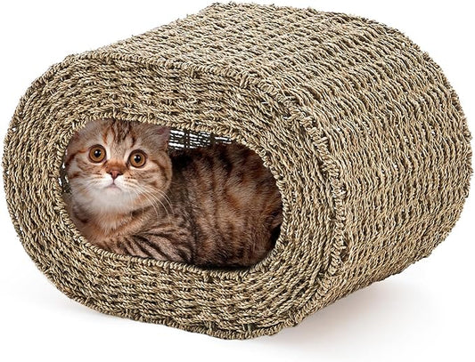 Cat House,Handwoven Cat Cave Pet Cube, Natural Cat Beds Indoor Kitten House with Double-Sided Soft Cushions, Pet Cat House for Multiple Cats, for Living Room Bedroom by LGENHOOMHandwovenNaturalWaterHyacinthBasket
