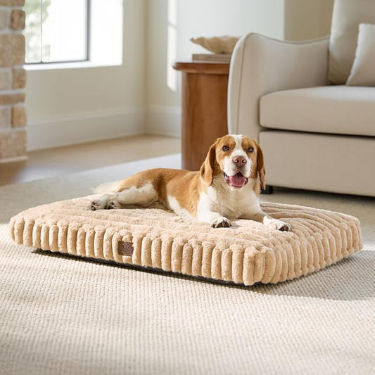 Bedsure ComfyFleece™ Fluffy Balanced Support Large Dog Bed for Crate,35x22 | Golden Ratio Chopped Foam & PP Cotton, Home Decor,Waterproof Liner, Removable Washable Cover, Nonslip Bottom,Sandy Beige by BEDSURE