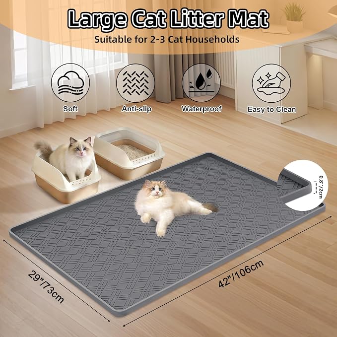Silicone Cat Litter Mat 42" x 29" Cat Mat for Litter Box, Dark Grey | Extra Large Cat Litter Trapping Mat for Floor, Waterproof, Non-Slip Kitty Litter Box Mat with Raised Edge, Easy to Clean - Image 2