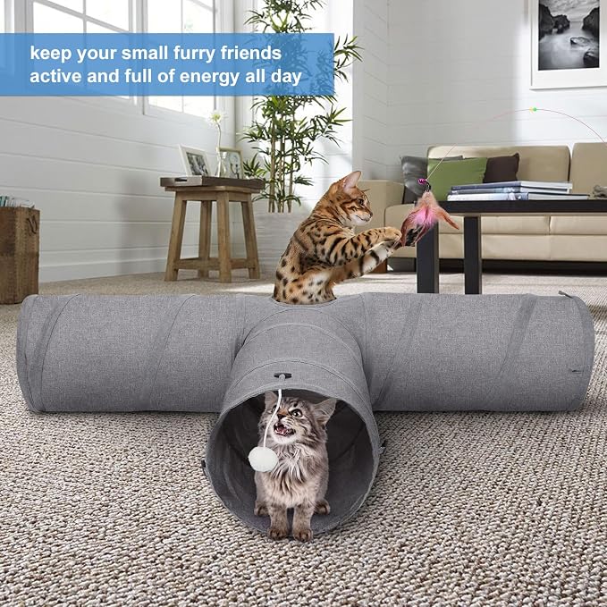 Ownpets Cat Tunnel, Extra Large 3 Way Collapsible Kitty Tunnel Cat Tube with Plush Ball & Feather Toy, Cat Play Tunnel for Large Cat, Kitten, Puppy, Rabbit(12 inches in Diameter) - Image 4