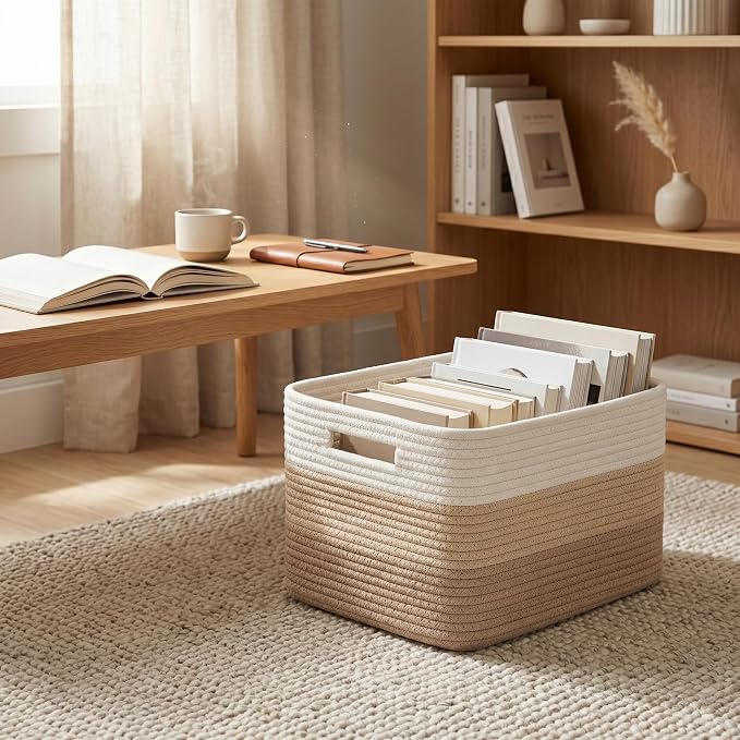 4 sets of hand-woven cotton rope storage boxes, suitable for toys, books, clothes, bathrooms, car trunks used for organizing decoration, Khaki color Two 16x14x7 in two 14x10x7in - Image 7