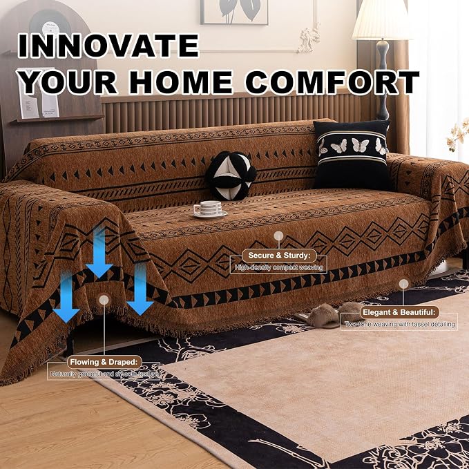 ROOMLIFE Dark Brown Couch Cover 3 Cushion Sofa, Washable Non Slip Furniture Sofa Protector Cover, Soft Chenille Sofa Slipcovers Sectional L Shape Dogs Couch Cover Throw Blanket with Tassels71''X150'' - Image 2