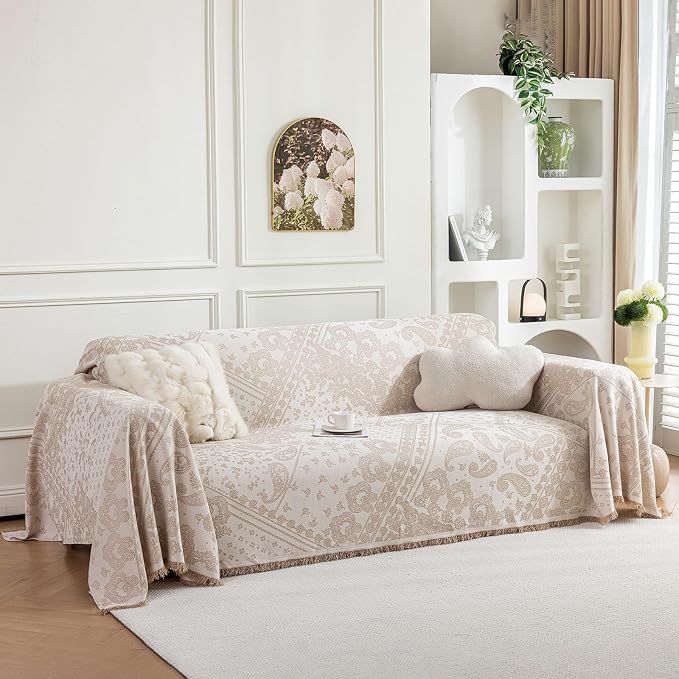 ROOMLIFE Beige Couch Covers for Sofa, Sofa Covers Washable Non Slip Furniture Protector Couch Sofa Covers for 3 Cushion Couch, Breathable Sofa Slipcovers Couch Cover Blanket with Tassels 71" X 118" by ROOMLIFE