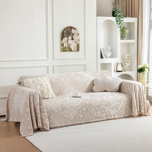 ROOMLIFE Beige Couch Covers for Sofa, Sofa Covers Washable Non Slip Furniture Protector Couch Sofa Covers for 3 Cushion Couch, Breathable Sofa Slipcovers Couch Cover Blanket with Tassels 71" X 118" by ROOMLIFE