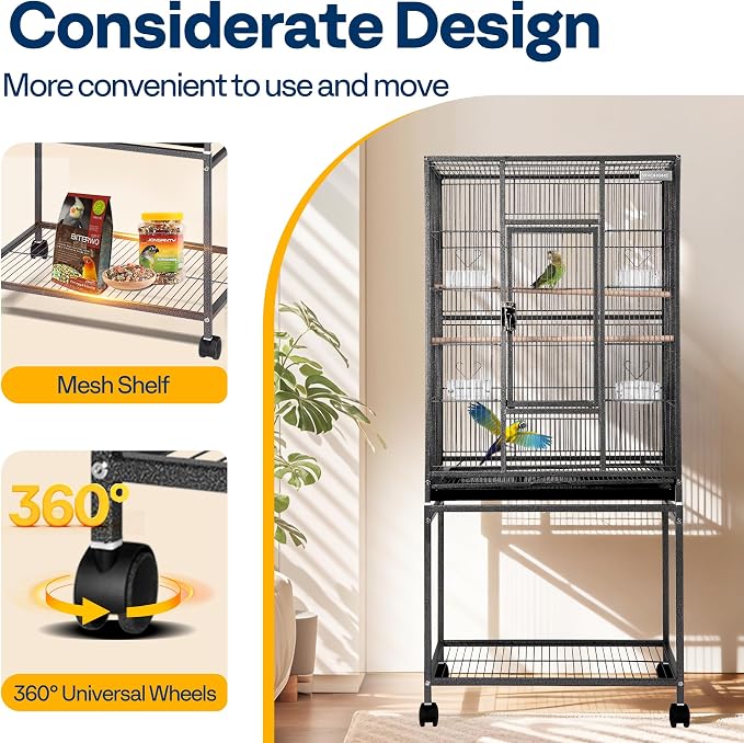 VIVOHOME 54 Inch Wrought Iron Large Bird Cage with Rolling Stand | Bird Flight Cage with Stand, Casters, Slide-out Tray for Parakeets Canaries Parrot Cockatiels Lovebirds Conures, Black - Image 4