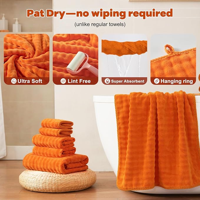 COZYART Lint Free 8 Pcs Bathroom Towels Set Ultra Soft Microfiber Orange | Ultra Fluffy, Thick, Highly Absorbent, Fast Dry, No Shedding, No Pilling, Fade Resistant, Durable, Long-lasting - Image 5