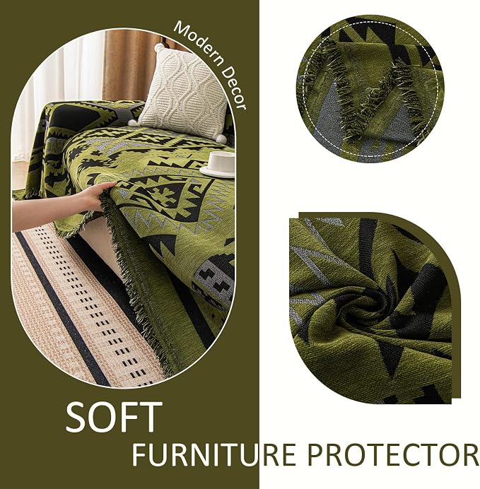VClife Boho Couch Cover, Aztec Sofa Cover for Dog, Non Slip Washable Couch Covers for 3-4 Cushion Couch Sofa, Reversible Triangle Geometric Futon Cover Furniture Protector (Black-Green, 71" x 150") - Image 6