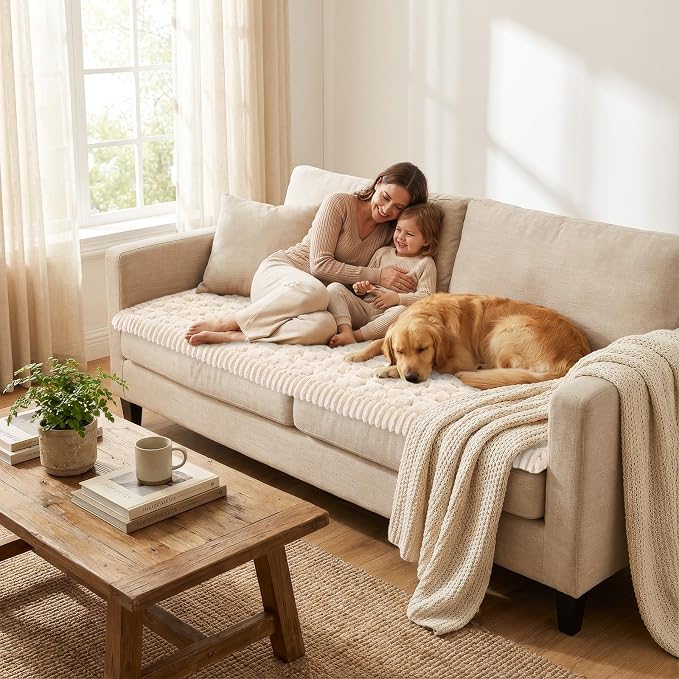 Smiry Non Slip Couch Covers for Dogs, Scratch Resistant Pet Sofa Protector | Machine Washable Soft Fuzzy Thick Furniture Cover for Sofa Loveseat Sectional Large Dogs, Cream, 27.6" x 59" - Image 5