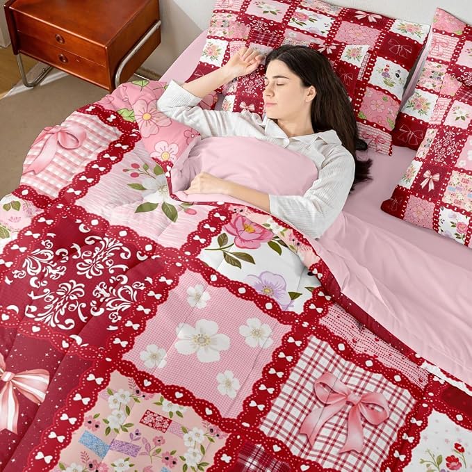 Feelyou Cute Flower 7 Piece Bedding Set Cute Bow Comforter Set with Sheets for Kids Boys Girls Red Theme Bed in a Bag Sweet Princess Theme Bed Set Soft Lightweight - Image 4