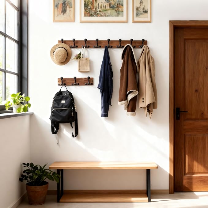 SKOLOO 17-Inch Wood Coat Rack Wall Mount with 3 Triple Hooks - Ideal for Family Entrances, Classrooms, and Pet Supplies Storage - Perfect Coat Hooks for Wall,Charred Golden Brown - Image 4