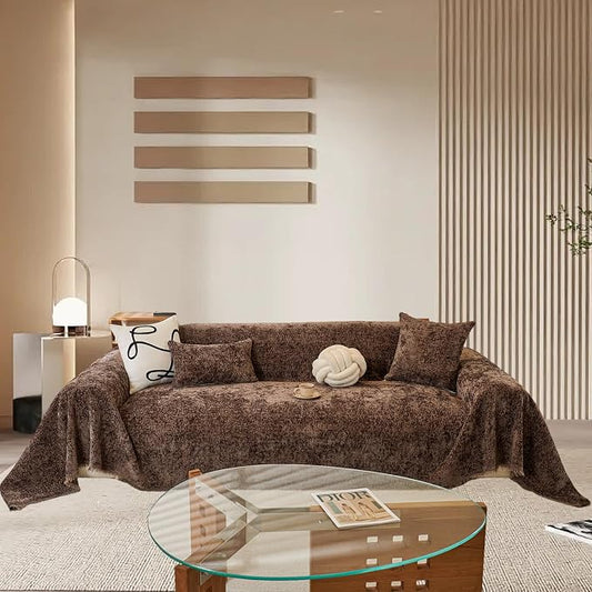 Large Brown Couch Cover for Dog Scratch Non Slip Chenille Sofa Cover | Solid Wear Resistant Furniture Protector for Home Decor, Suitable for Chairs, Loveseat, L-Shaped Sofas, Tassels Design by REYOSGetCozyLife