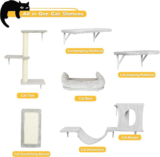 NUNU LAB Wall Mounted Cat Furniture Set - 6 Pcs Climber Set with House, Bridge, Steps, Scratcher Board - DIY Walls Playground, Indoor Cat Shelves - Gray - Image 4