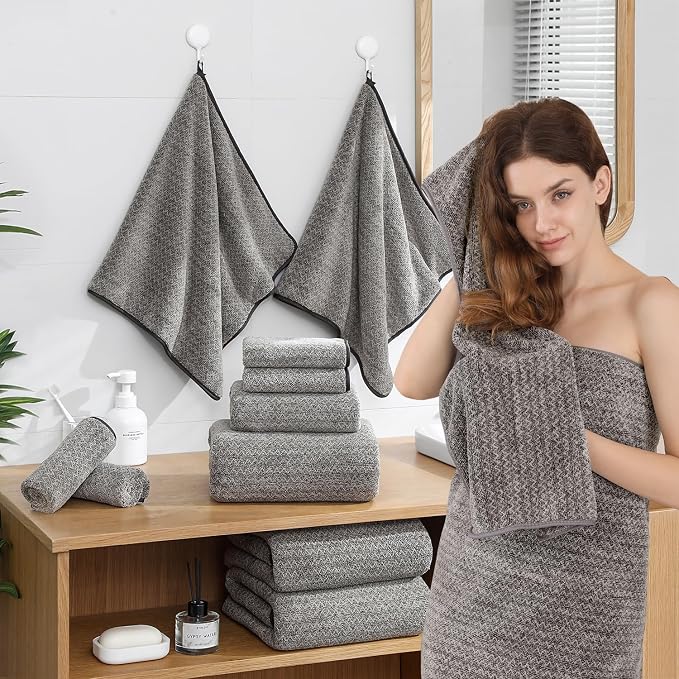 Ycosy 18 Piece Bath Towels Set,100% Microfiber Family Bathroom Towel with Hanging Loops-6 Bath Towels,6 Hand Towels,6 Washcloths,Quick Dry Highly Absorbent Shower Towel for Bathroom,Hotel,Spa-Brown - Image 4