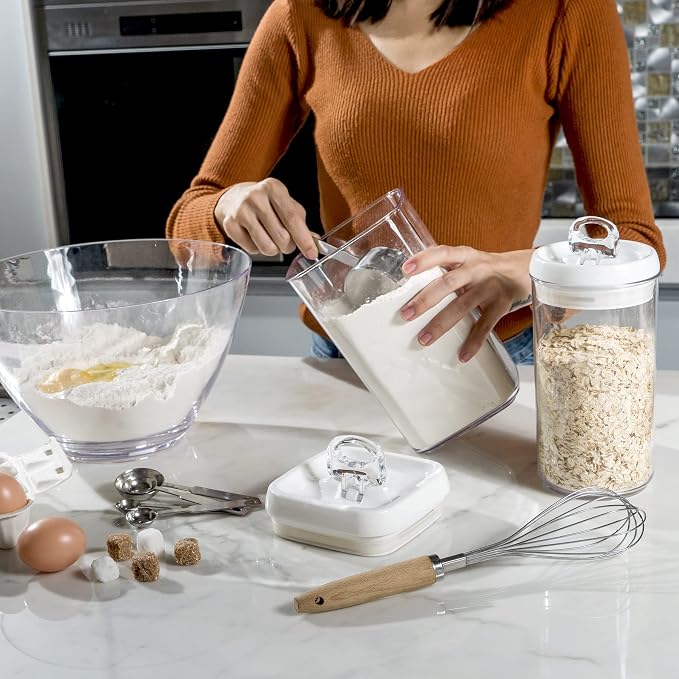 Felli Flip Tite Storage Container with Built-In Spoon & Airtight Lid 5” Large-M Ring Flip Top, Stackable Acrylic Canister for Sugar Flour Powder, Kitchen Pantry Organizer (1.8qt), 2 spoons - Image 3