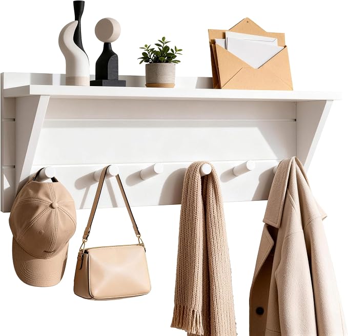 WEBI Coat Rack Wall Mount with Shelf,24" Long Entryway Wall Shelf with Hooks Underneath,6 Peg Hooks for Hanging Coats,Caps,Jacket,Clothes,White by WEBI