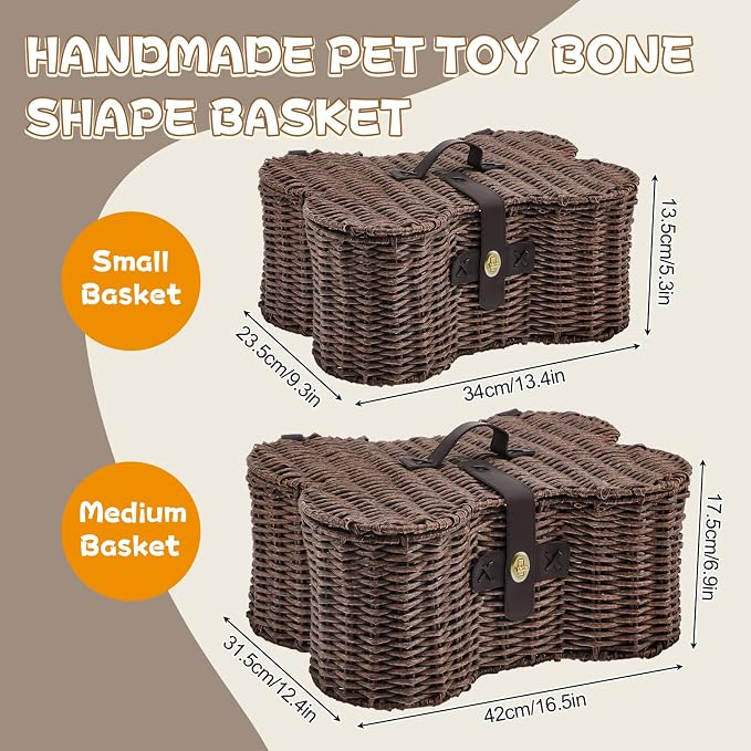 Barydat 2 Set Large Small Dog Toy Basket with Lid Bone Shaped Basket for Dog Natural Wicker Woven Handmade Pet Puppy Toy Organizer and Storage Box Bin for Cats(Wicker,Dark Brown) - Image 2