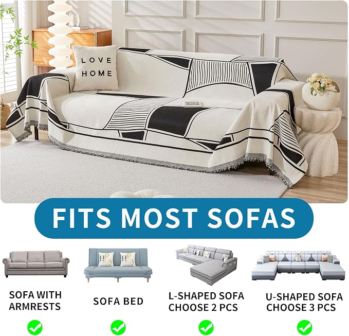 HAOMAIJIA Non Slip Couch Cover Sofa Covers for 3 Cushion Couch Washable sectional Couch Covers for Dogs pet Furniture Protector Couch Cover Blanket for Living Room (Black-Cream, 91"x134") - Image 5
