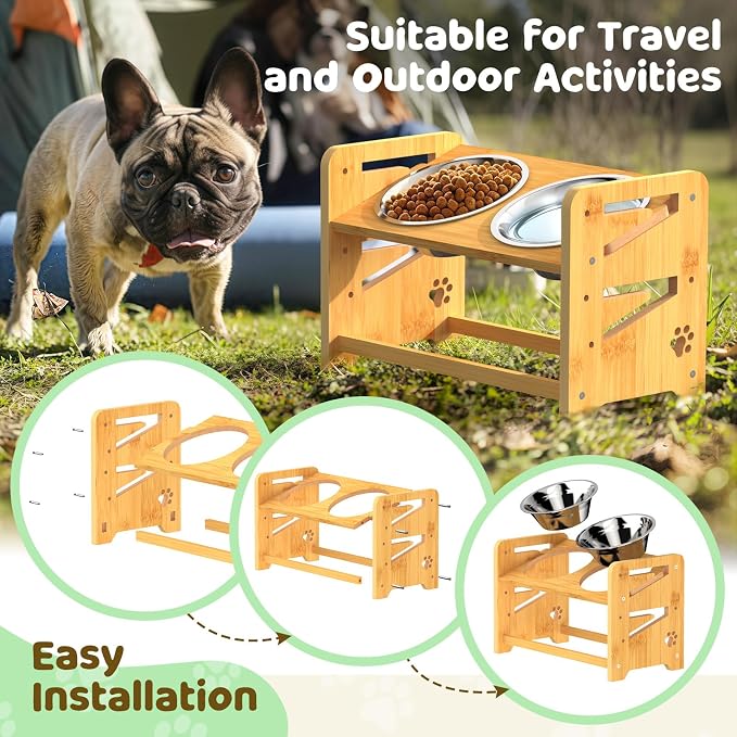Elevated Dog Bowls, Adjustable Raised Dog Bowl Stand for Medium and Small Dog, 11" High Bamboo Pet Food Feeder with 2 Stainless Steel Dishes（4 Heights） - Image 6