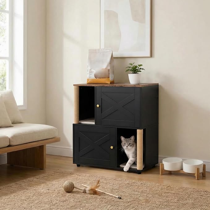 Cat Litter Box Enclosure, Modern Cat Litter Box Furniture Hidden, Wooden Litter Box Cabinet for 2 Cats, Litter Box Enclosure with Cats Scratching Post, Fits Most Litter Boxes，Black - Image 6