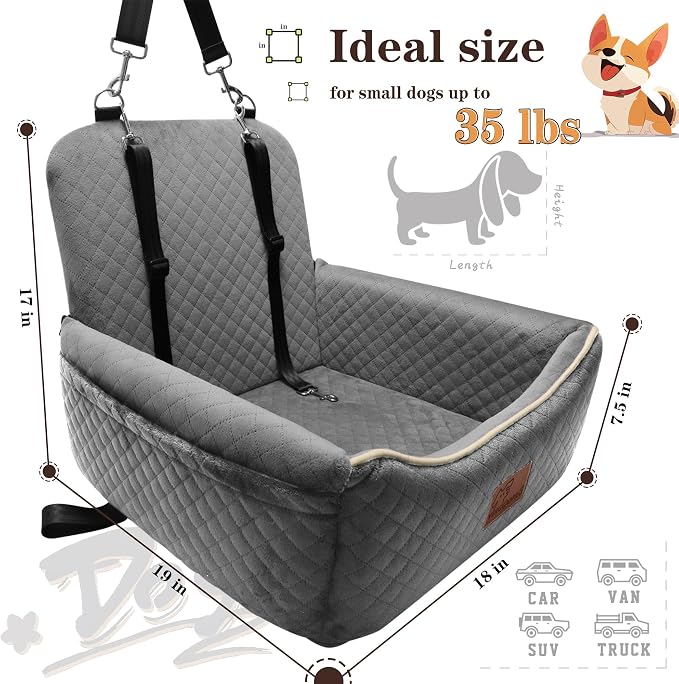 Dog Car Seat Bed 2 in 1 for Small/Medium Dogs up to 35 lbs,Adjustable Safety Leashes,Memory Foam with Soft Fabric Pets Travel Car Bed,Easily Installed in Front and Back seat,Removable and Washable. - Image 3
