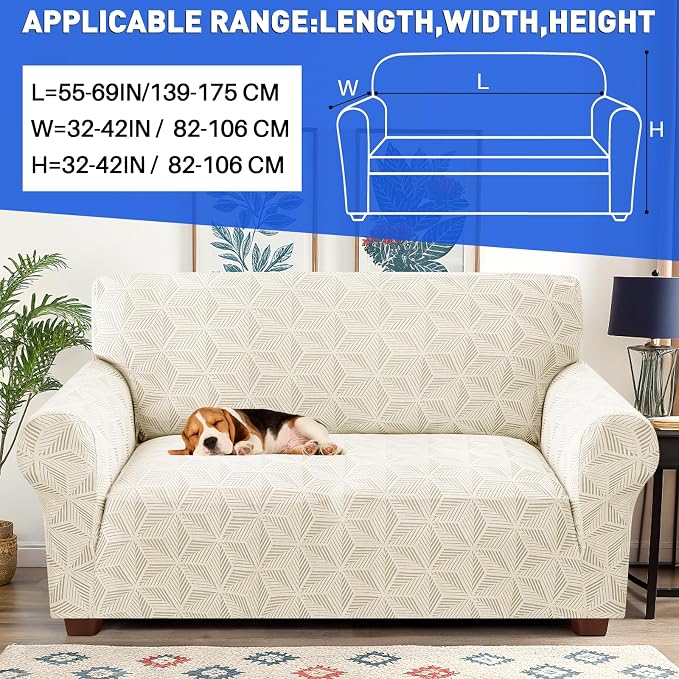 YEMYHOM 1 Piece Stretch Couch Covers for 2 Cushion Couch, Jacquard Loveseat Cover with Non-Slip Elastic Bottom, Thickened Slipcover Furniture Protector for Dogs Pets (Medium, Beige） - Image 2
