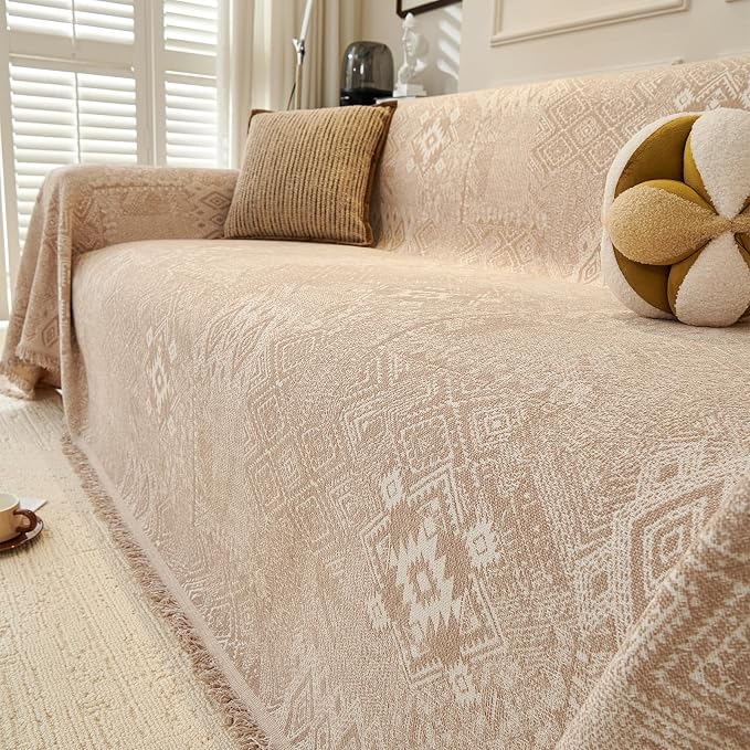DREAMINGO Couch Covers for Sofa Boho Geometric Jacquard Vintage Sofa Covers 2 Seater Non Slip Chenille Furniture Protector for Dogs Pets Washable Sectional Couch Slipcovers, Khaki, 71"x118" - Image 4