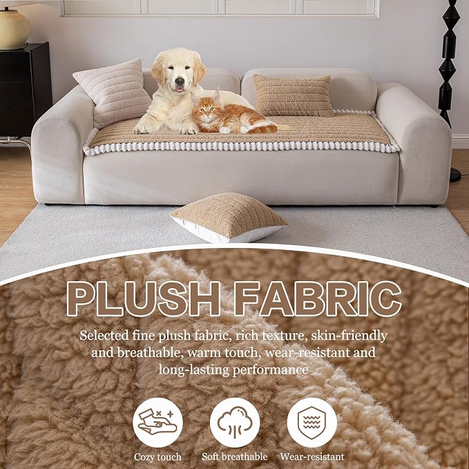 DREAMINGO Non Slip Couch Cover for Dogs Fuzzy Pet Sofa Covers Washable Thick Plush Sofa Slipcover Striped Texture Khaki Cushion Protector Dog Cat Bed Mat 27.6x59.1 Inch - Image 2